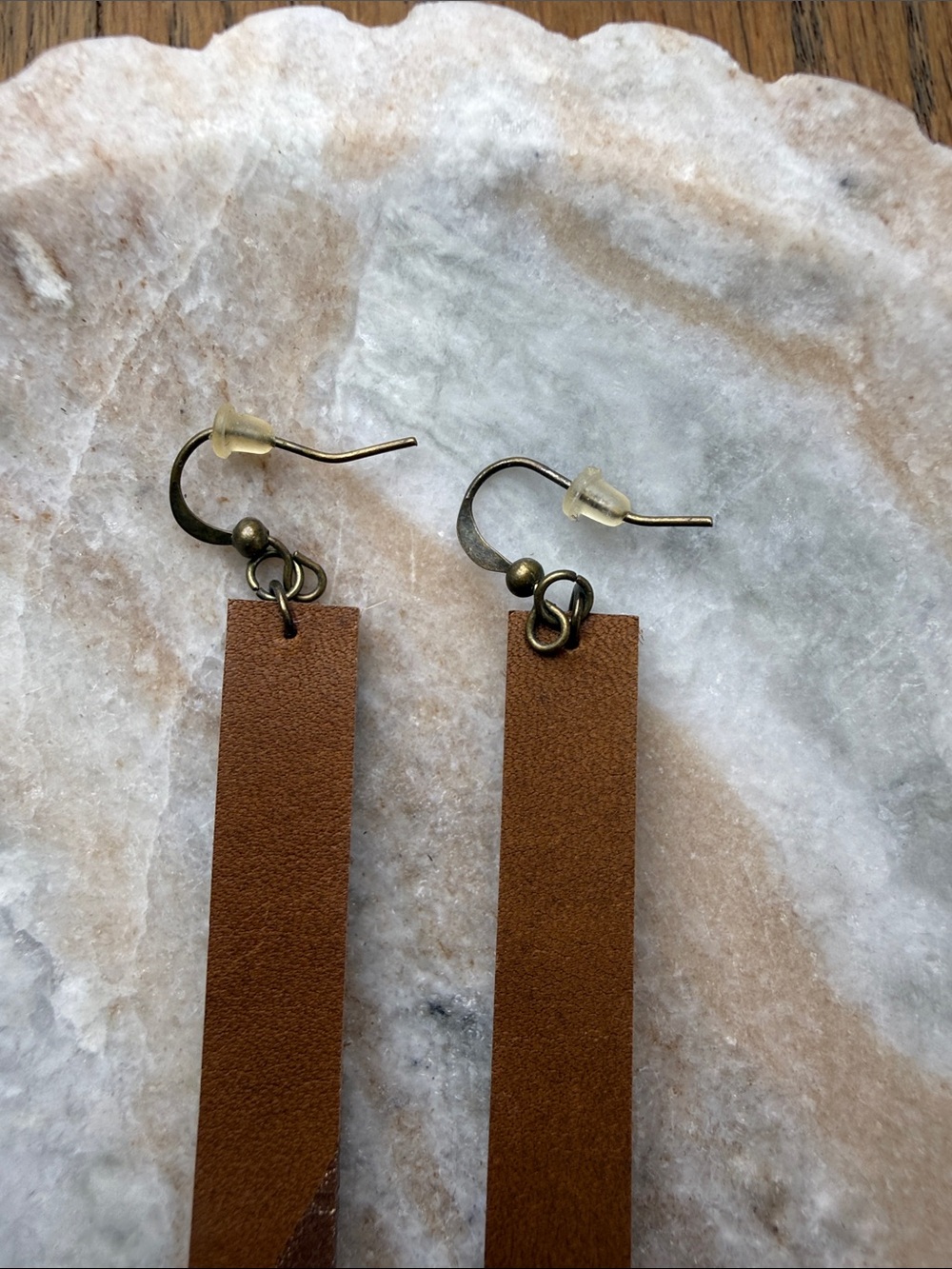 Artisan Handcrafted Tan Leather Drop Bar Lightweight Earrings - Picture 5 of 7